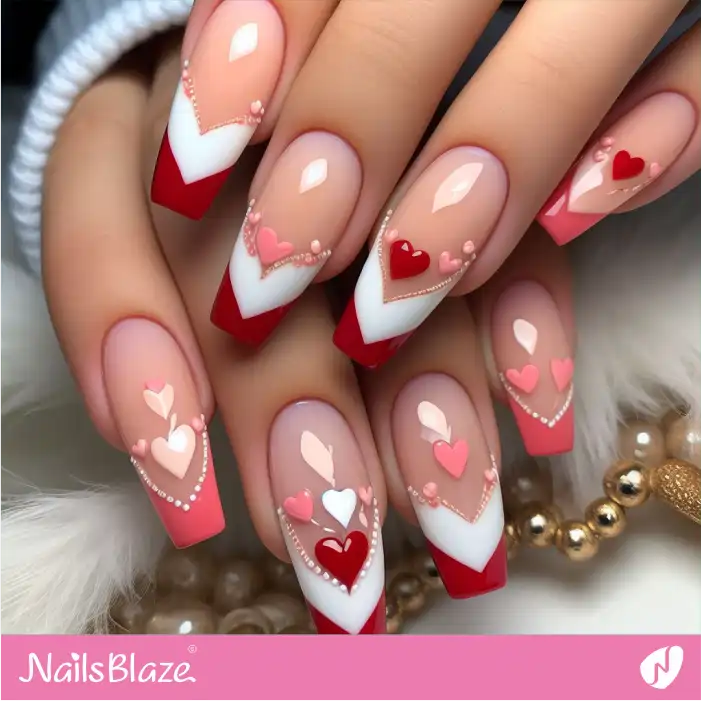 Peach Fuzz Nails with Red and White Tips and Hearts | Color of the Year 2024 - NB1887